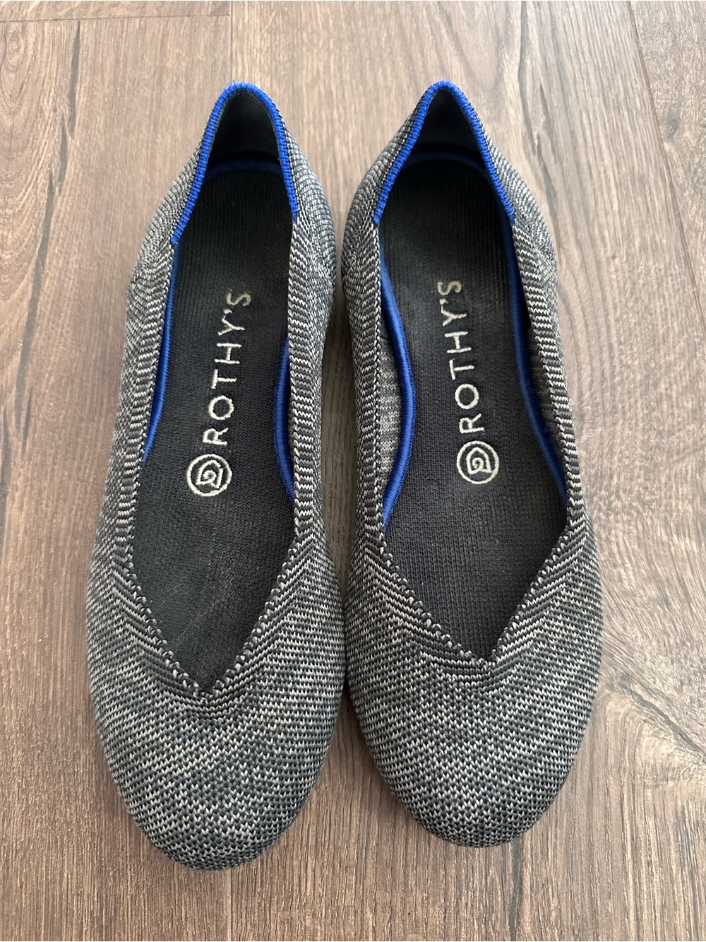 Rothy's Gray Knit Ballet Flats with Blue Trim an Pink Sole